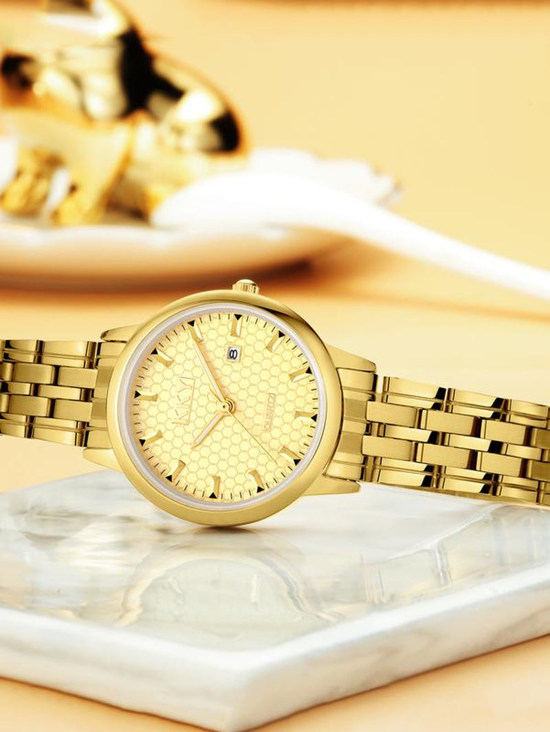 "Kky Classic Golden Quartz Watch Unisex, Waterproof Stainless Steel Band, Analog Display118.1Mm WR, Elegant Biz Style"