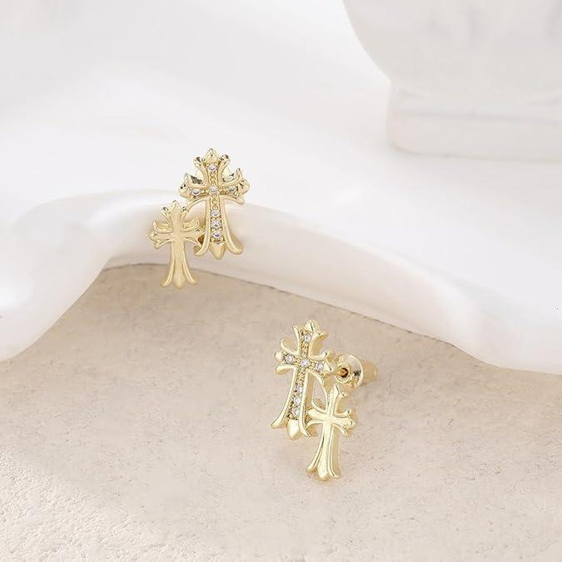 Pvoovi Gold Double Cross Stud Earrings for Women and Men 14K Gold Plated Small Pave CZ Dangling Hypoallergenic Lightweight Accessory with Zircon Decoration