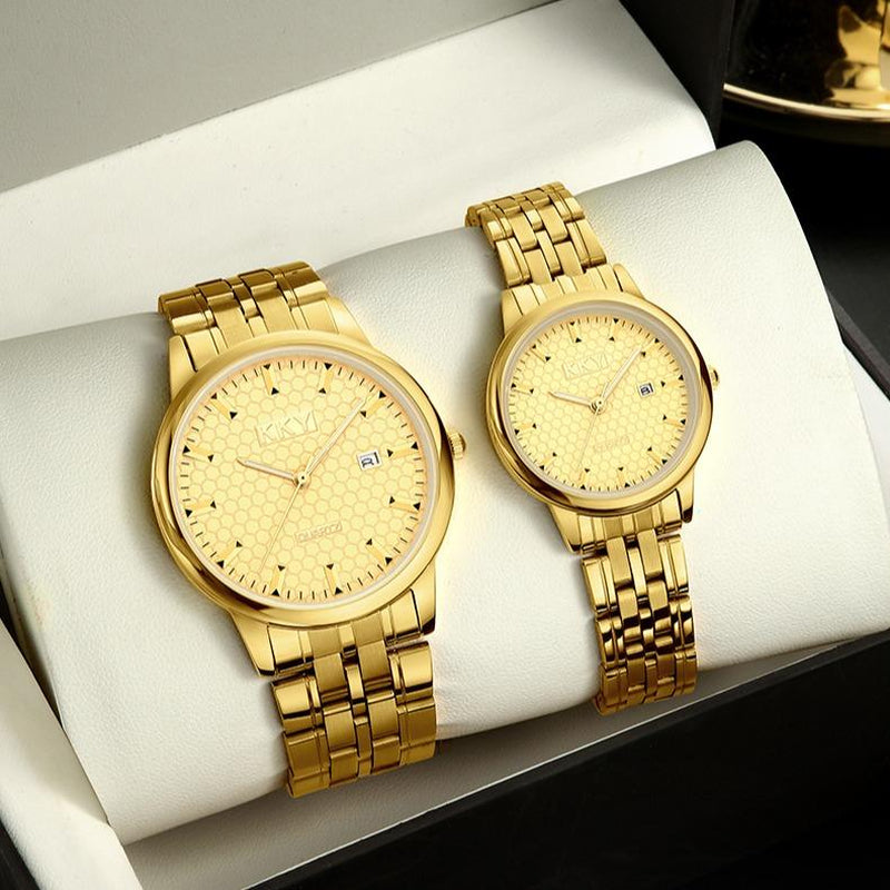 "Kky Classic Golden Quartz Watch Unisex, Waterproof Stainless Steel Band, Analog Display118.1Mm WR, Elegant Biz Style"