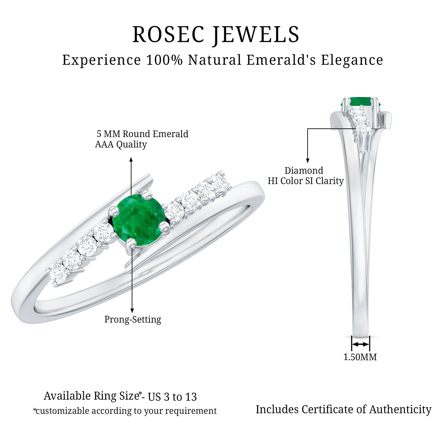 Minimal Emerald Bypass Promise Ring for Women, May Birthstone Ring (AAA Quality), 925 Sterling Silver, US 7.50