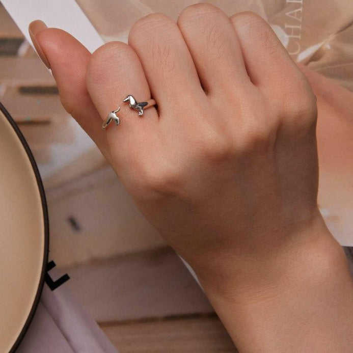BAMOER 925 Sterling Silver Adjustable Dachshund Ring for Women Real 14K Gold Wiener Dog Rings Daily Wear Silver Jewelry Birthday Gift to Wife Mom