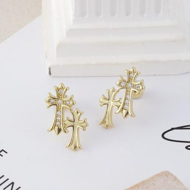Pvoovi Gold Double Cross Stud Earrings for Women and Men 14K Gold Plated Small Pave CZ Dangling Hypoallergenic Lightweight Accessory with Zircon Decoration