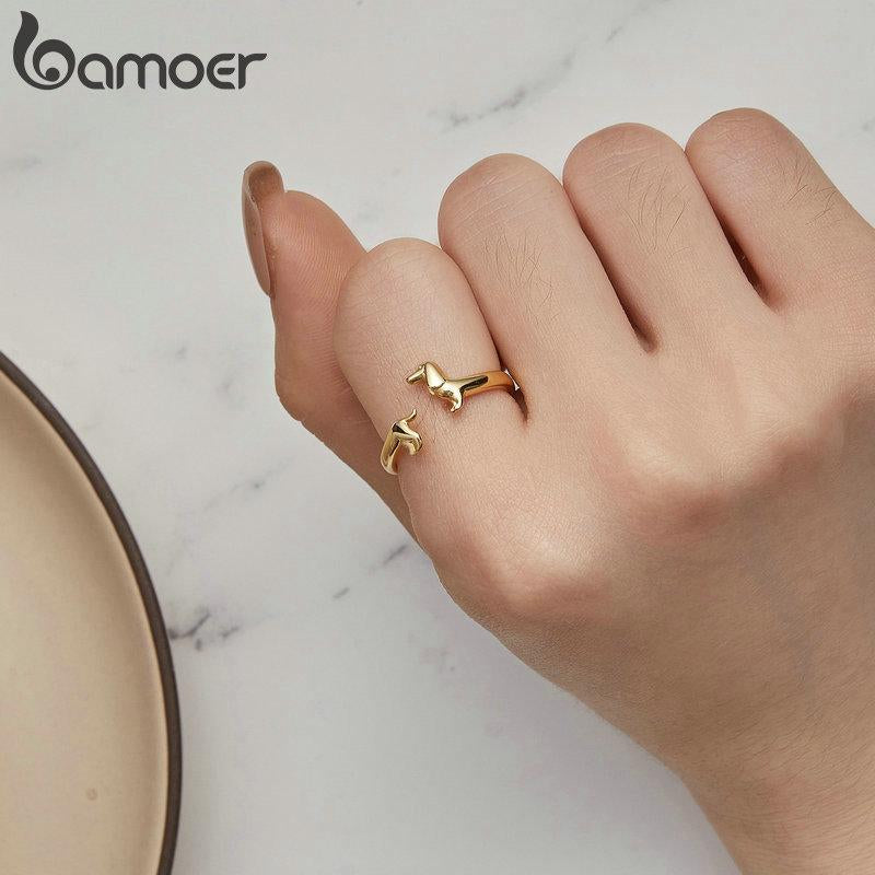 BAMOER 925 Sterling Silver Adjustable Dachshund Ring for Women Real 14K Gold Wiener Dog Rings Daily Wear Silver Jewelry Birthday Gift to Wife Mom