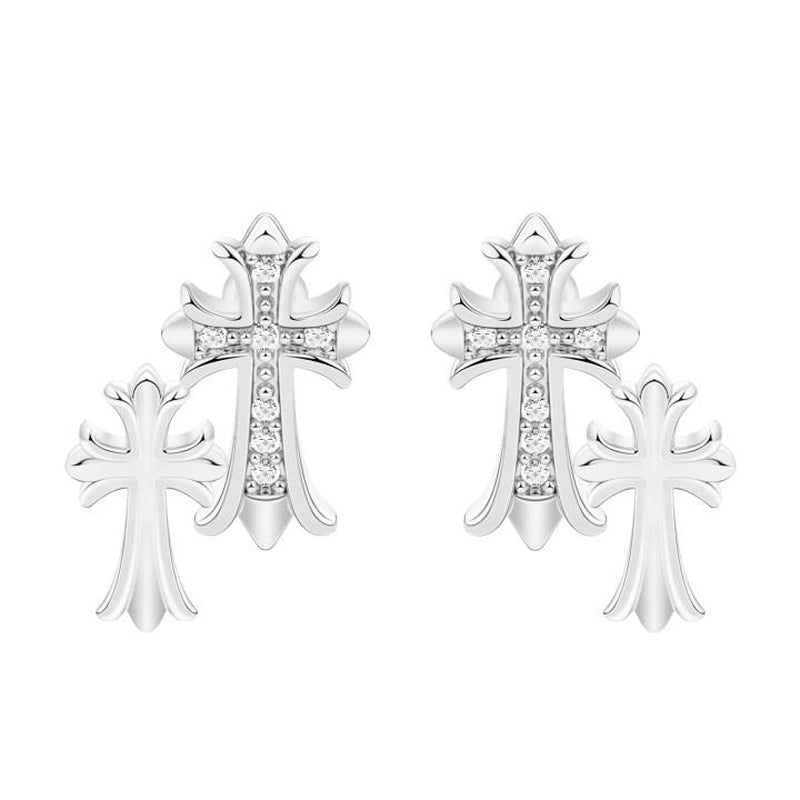 Pvoovi Gold Double Cross Stud Earrings for Women and Men 14K Gold Plated Small Pave CZ Dangling Hypoallergenic Lightweight Accessory with Zircon Decoration
