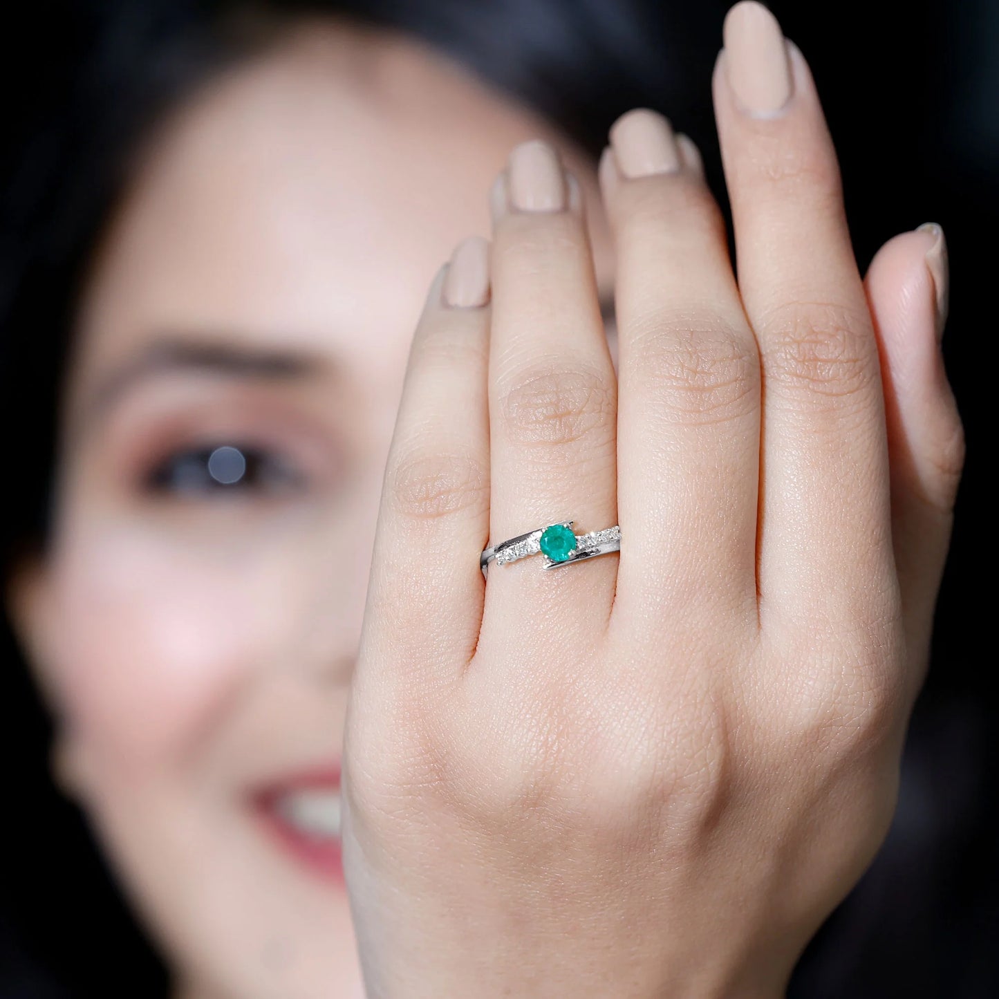 Minimal Emerald Bypass Promise Ring for Women, May Birthstone Ring (AAA Quality), 925 Sterling Silver, US 7.50
