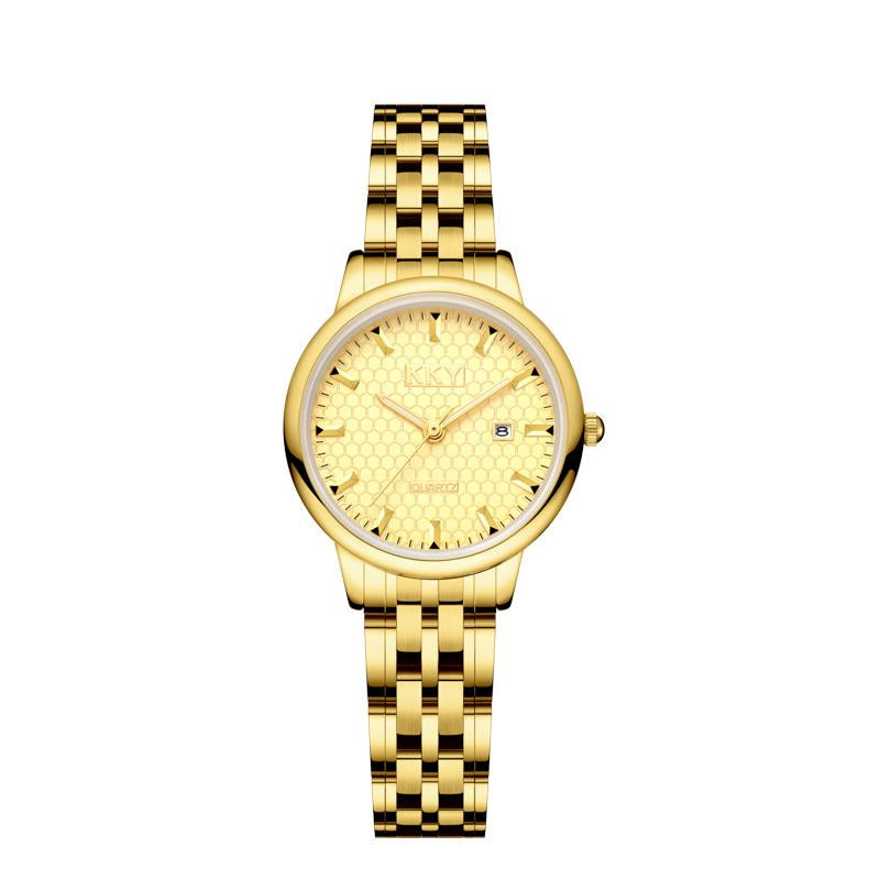 "Kky Classic Golden Quartz Watch Unisex, Waterproof Stainless Steel Band, Analog Display118.1Mm WR, Elegant Biz Style"