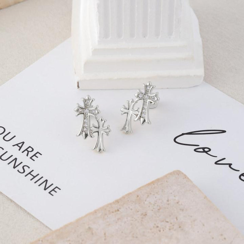 Pvoovi Gold Double Cross Stud Earrings for Women and Men 14K Gold Plated Small Pave CZ Dangling Hypoallergenic Lightweight Accessory with Zircon Decoration
