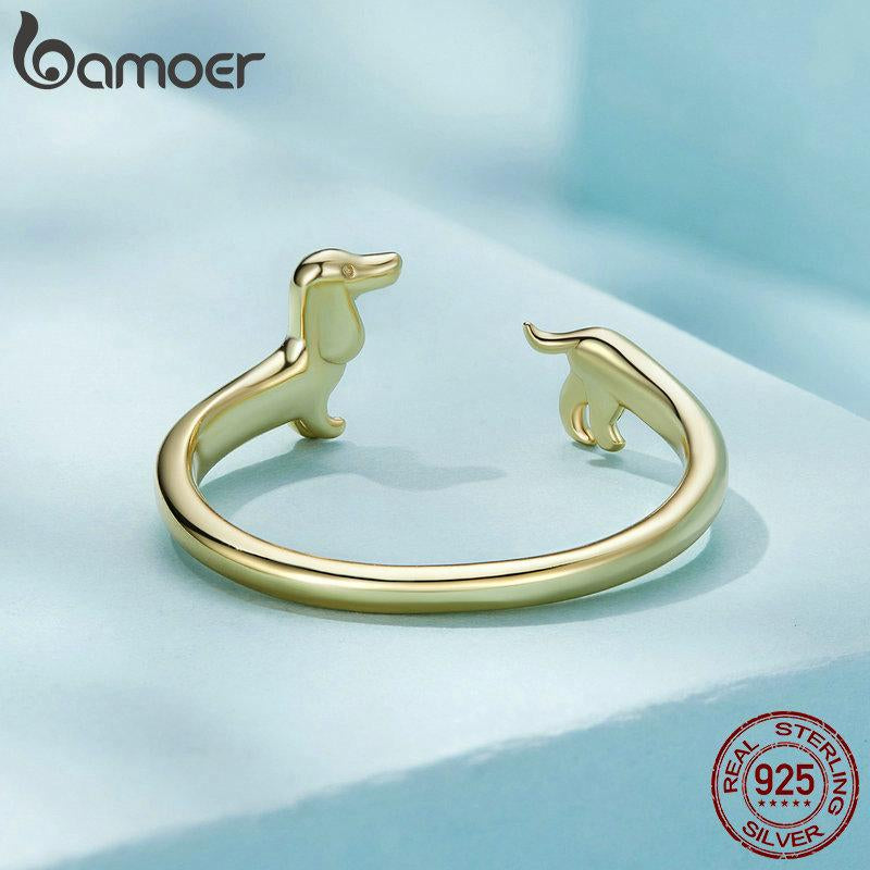 BAMOER 925 Sterling Silver Adjustable Dachshund Ring for Women Real 14K Gold Wiener Dog Rings Daily Wear Silver Jewelry Birthday Gift to Wife Mom