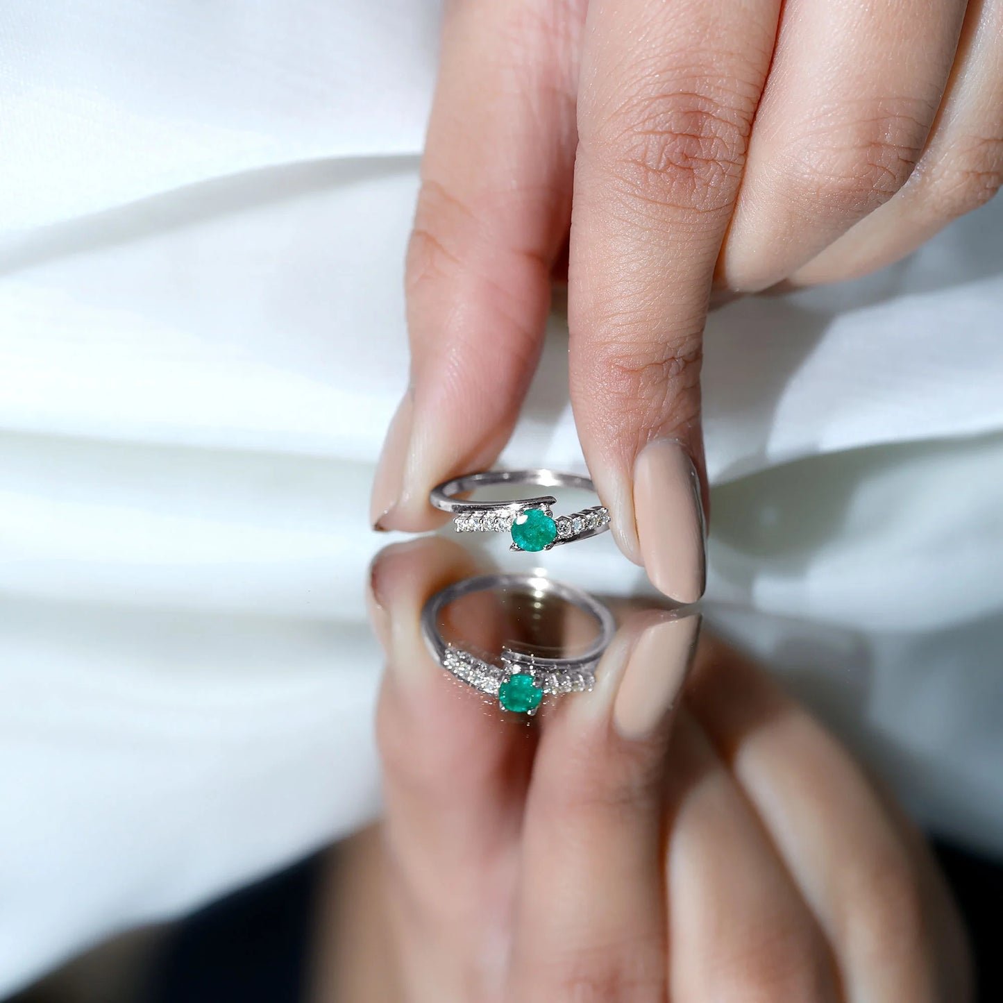 Minimal Emerald Bypass Promise Ring for Women, May Birthstone Ring (AAA Quality), 925 Sterling Silver, US 7.50