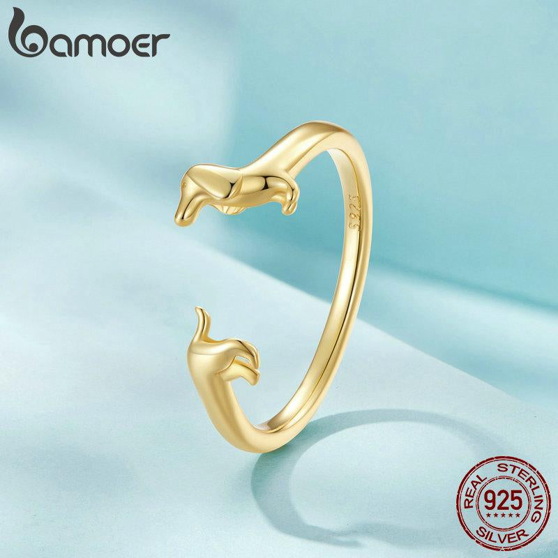 BAMOER 925 Sterling Silver Adjustable Dachshund Ring for Women Real 14K Gold Wiener Dog Rings Daily Wear Silver Jewelry Birthday Gift to Wife Mom