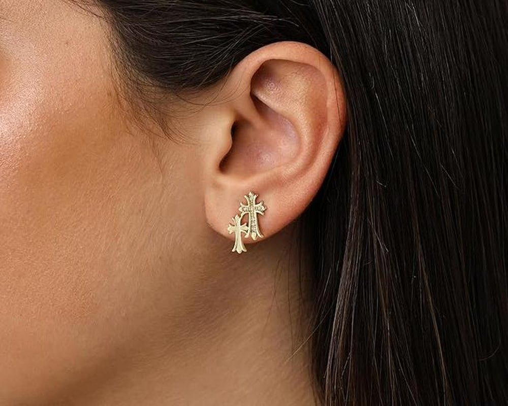 Pvoovi Gold Double Cross Stud Earrings for Women and Men 14K Gold Plated Small Pave CZ Dangling Hypoallergenic Lightweight Accessory with Zircon Decoration