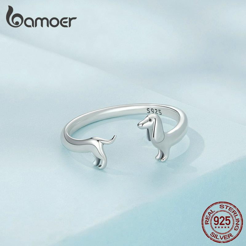 BAMOER 925 Sterling Silver Adjustable Dachshund Ring for Women Real 14K Gold Wiener Dog Rings Daily Wear Silver Jewelry Birthday Gift to Wife Mom