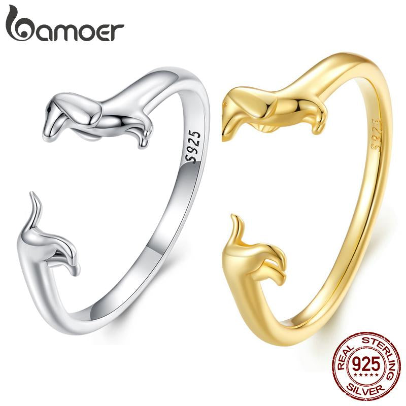 BAMOER 925 Sterling Silver Adjustable Dachshund Ring for Women Real 14K Gold Wiener Dog Rings Daily Wear Silver Jewelry Birthday Gift to Wife Mom