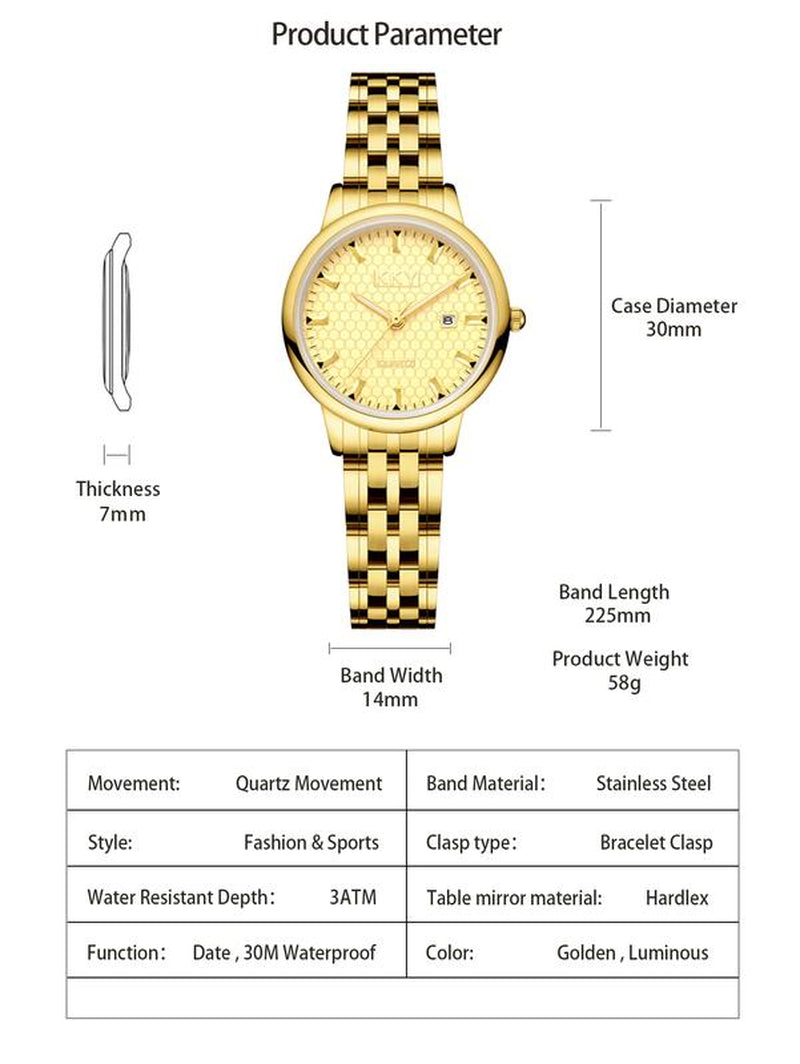 "Kky Classic Golden Quartz Watch Unisex, Waterproof Stainless Steel Band, Analog Display118.1Mm WR, Elegant Biz Style"
