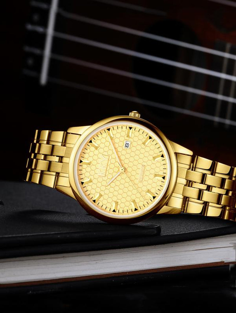 "Kky Classic Golden Quartz Watch Unisex, Waterproof Stainless Steel Band, Analog Display118.1Mm WR, Elegant Biz Style"