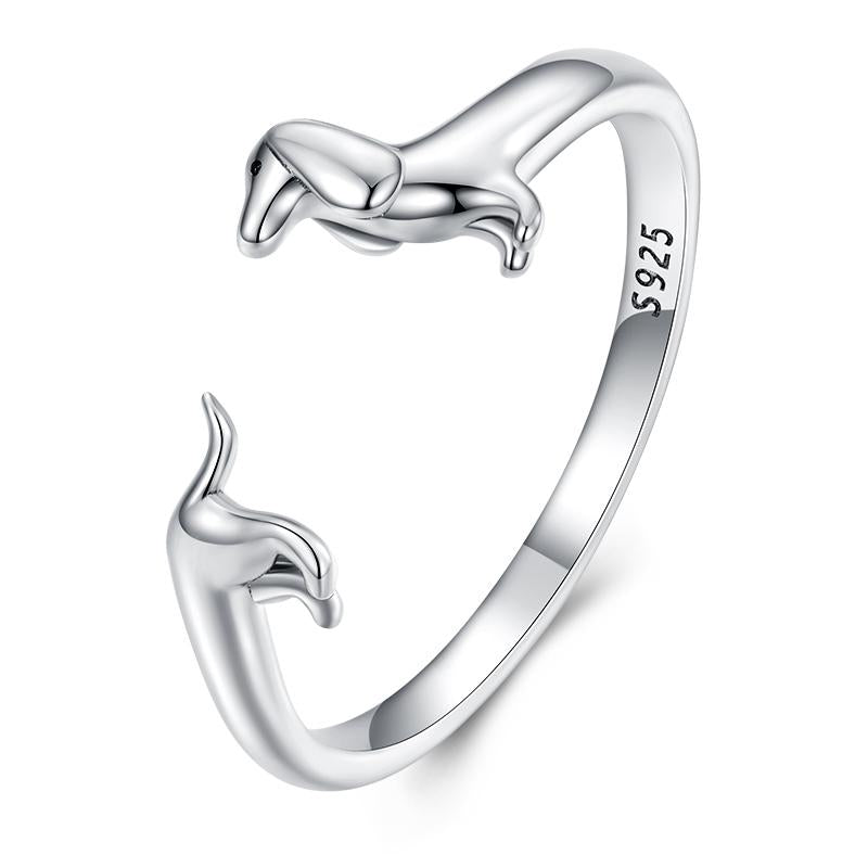 BAMOER 925 Sterling Silver Adjustable Dachshund Ring for Women Real 14K Gold Wiener Dog Rings Daily Wear Silver Jewelry Birthday Gift to Wife Mom
