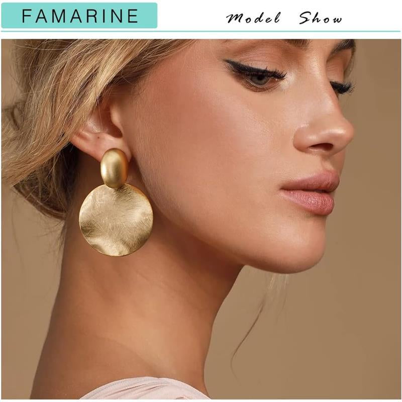 Big Disc Drop Earrings Gold Dangle Earrings round Hammered Earrings Women
