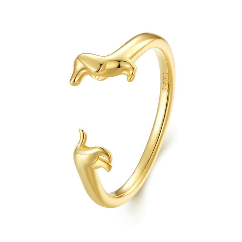 BAMOER 925 Sterling Silver Adjustable Dachshund Ring for Women Real 14K Gold Wiener Dog Rings Daily Wear Silver Jewelry Birthday Gift to Wife Mom