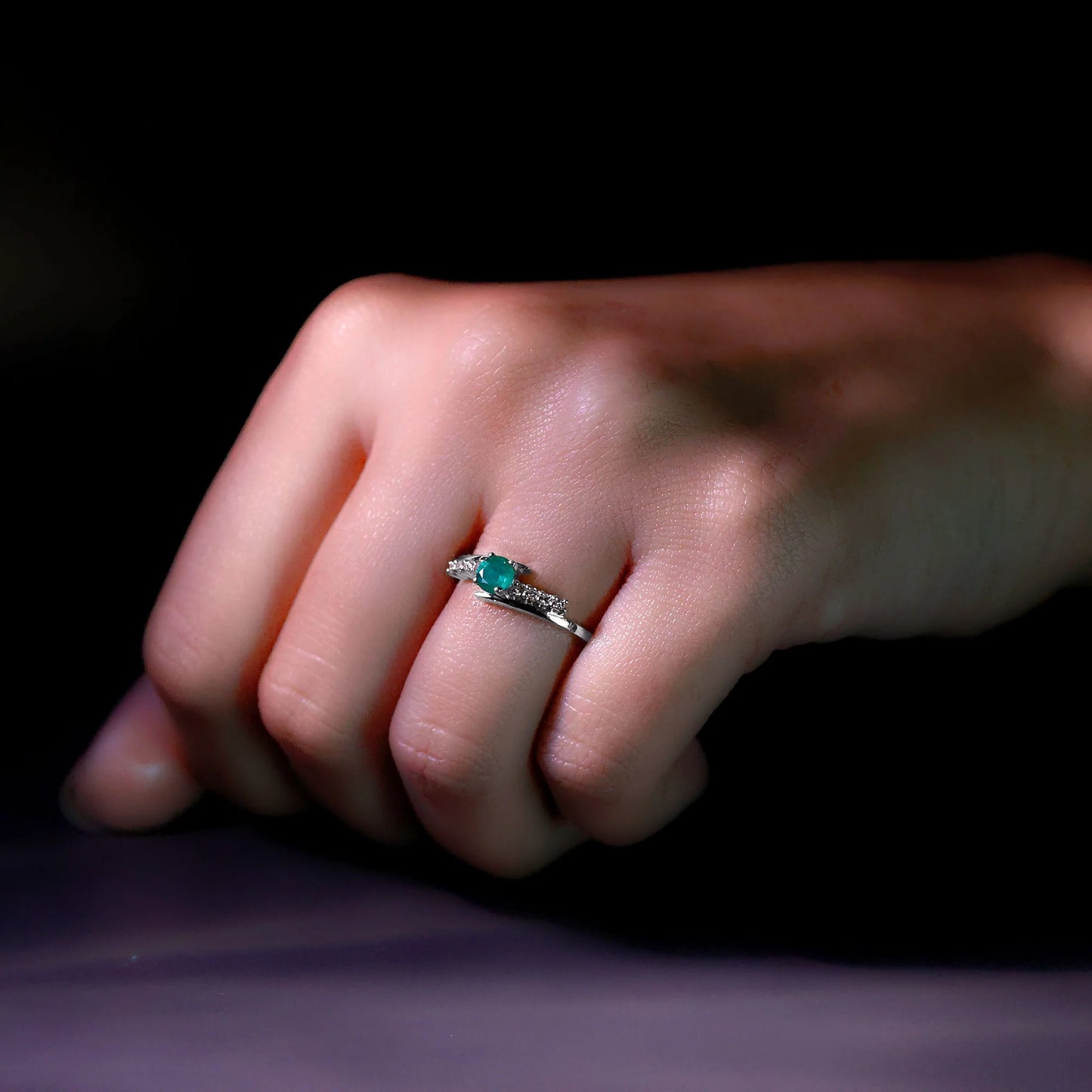 Minimal Emerald Bypass Promise Ring for Women, May Birthstone Ring (AAA Quality), 925 Sterling Silver, US 7.50
