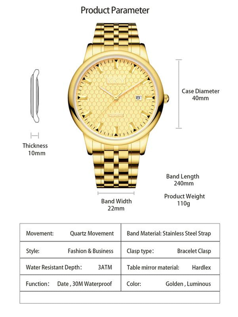 "Kky Classic Golden Quartz Watch Unisex, Waterproof Stainless Steel Band, Analog Display118.1Mm WR, Elegant Biz Style"