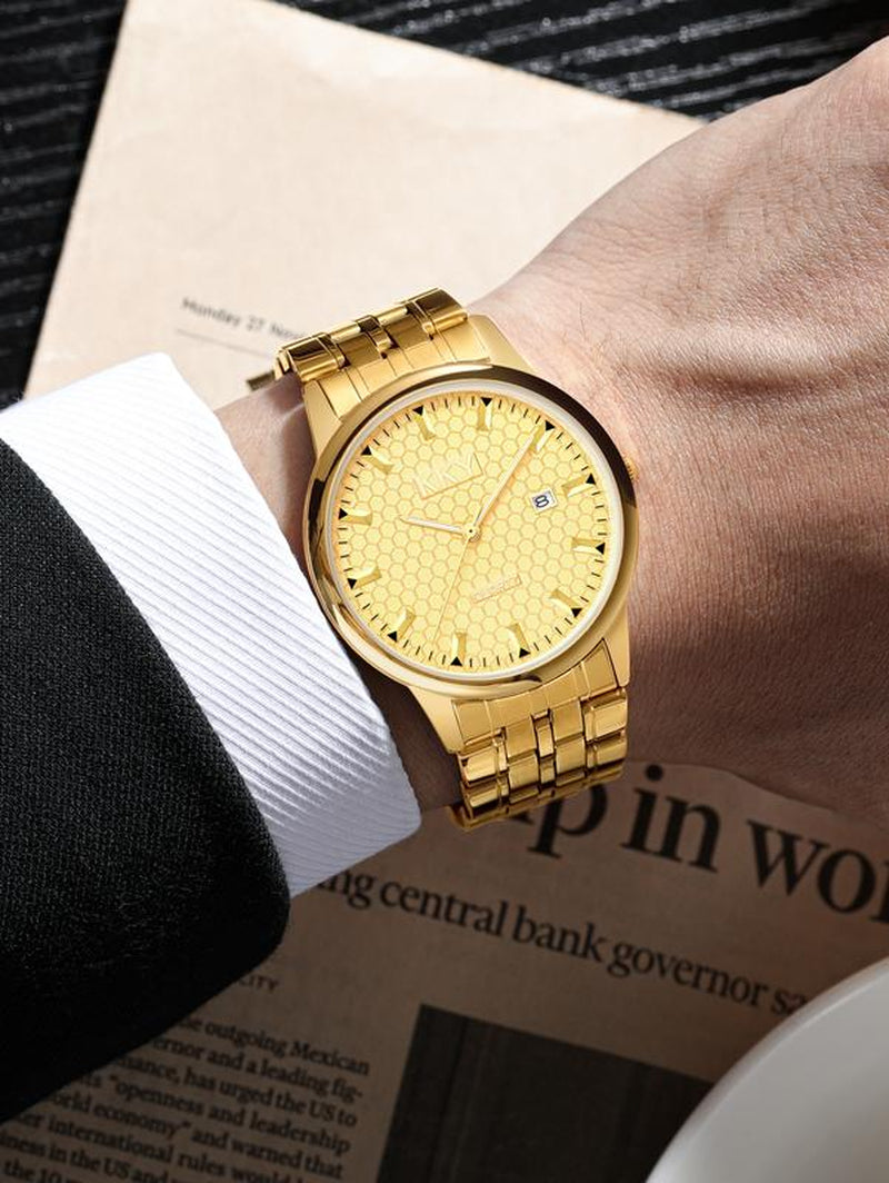 "Kky Classic Golden Quartz Watch Unisex, Waterproof Stainless Steel Band, Analog Display118.1Mm WR, Elegant Biz Style"