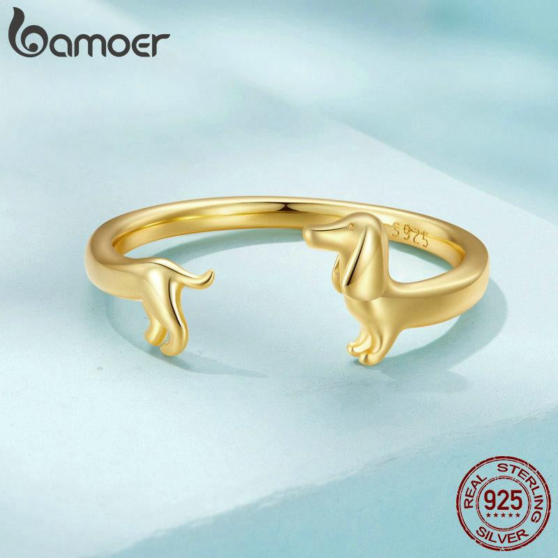 BAMOER 925 Sterling Silver Adjustable Dachshund Ring for Women Real 14K Gold Wiener Dog Rings Daily Wear Silver Jewelry Birthday Gift to Wife Mom