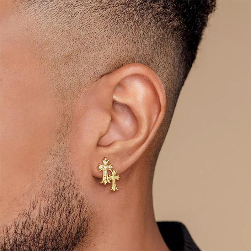Pvoovi Gold Double Cross Stud Earrings for Women and Men 14K Gold Plated Small Pave CZ Dangling Hypoallergenic Lightweight Accessory with Zircon Decoration