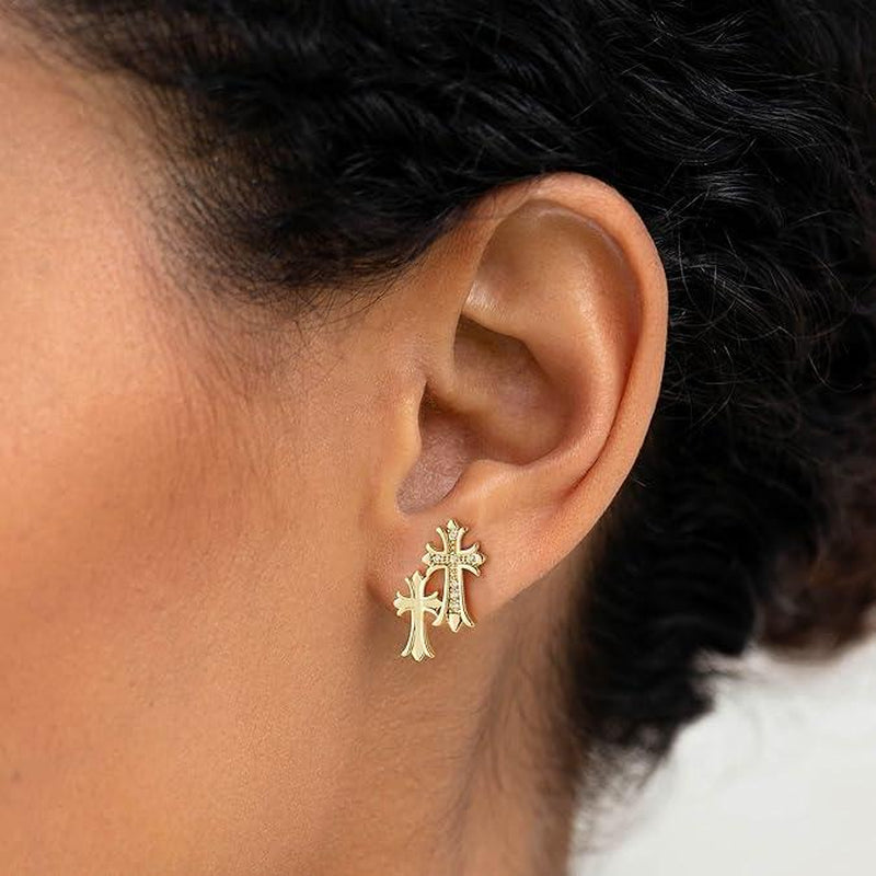 Pvoovi Gold Double Cross Stud Earrings for Women and Men 14K Gold Plated Small Pave CZ Dangling Hypoallergenic Lightweight Accessory with Zircon Decoration