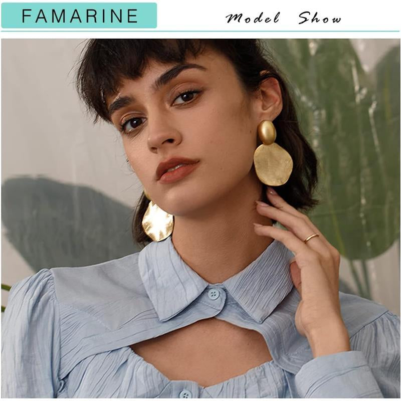 Big Disc Drop Earrings Gold Dangle Earrings round Hammered Earrings Women