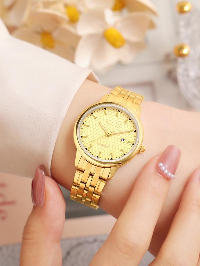 "Kky Classic Golden Quartz Watch Unisex, Waterproof Stainless Steel Band, Analog Display118.1Mm WR, Elegant Biz Style"