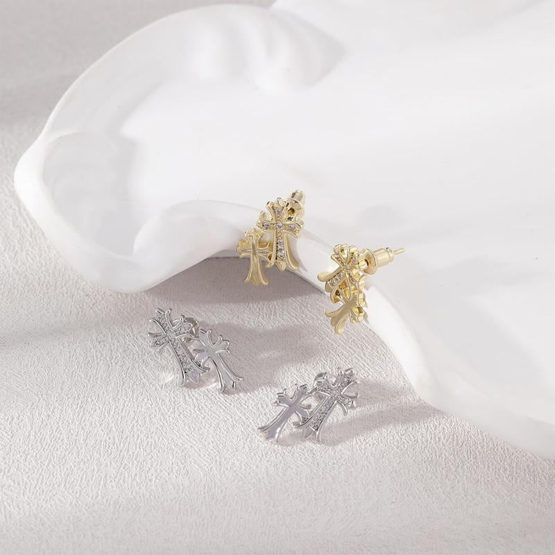 Pvoovi Gold Double Cross Stud Earrings for Women and Men 14K Gold Plated Small Pave CZ Dangling Hypoallergenic Lightweight Accessory with Zircon Decoration