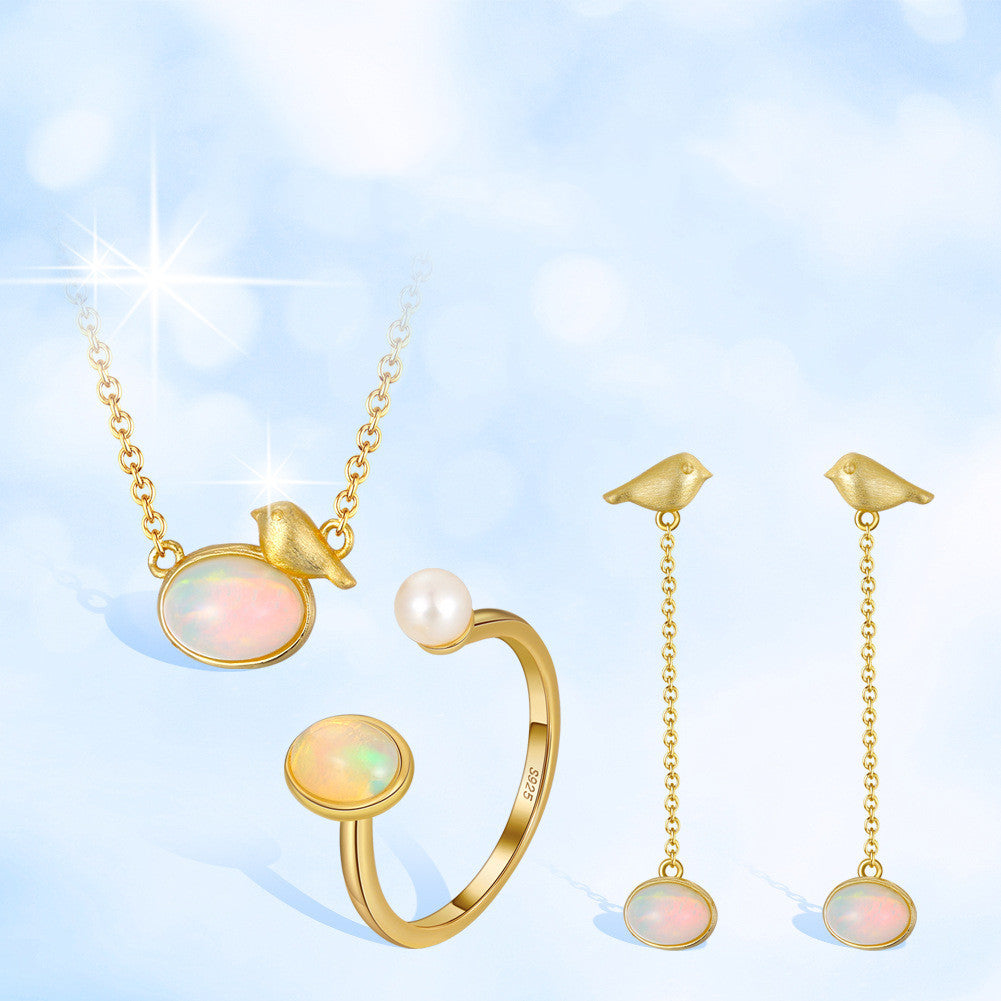 Sterling Silver Necklace Natural Opal Stones 14K Gold