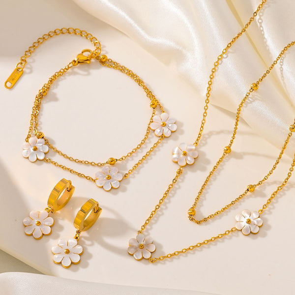 Stainless Steel Daisy Flower Jewelry Set – Double Layer Necklace & Earrings
