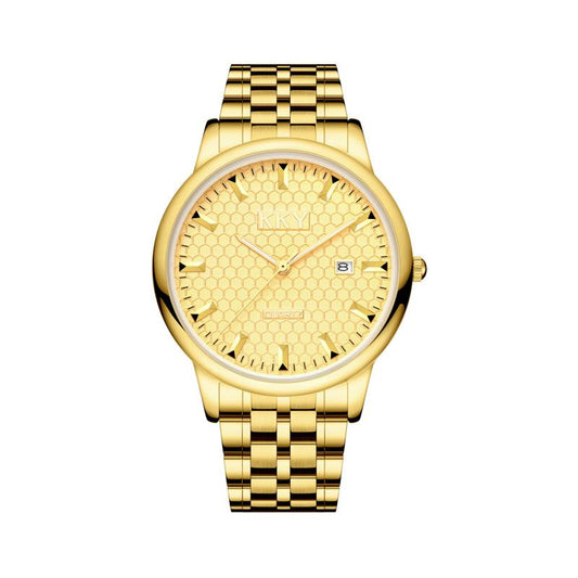 "Kky Classic Golden Quartz Watch Unisex, Waterproof Stainless Steel Band, Analog Display118.1Mm WR, Elegant Biz Style"