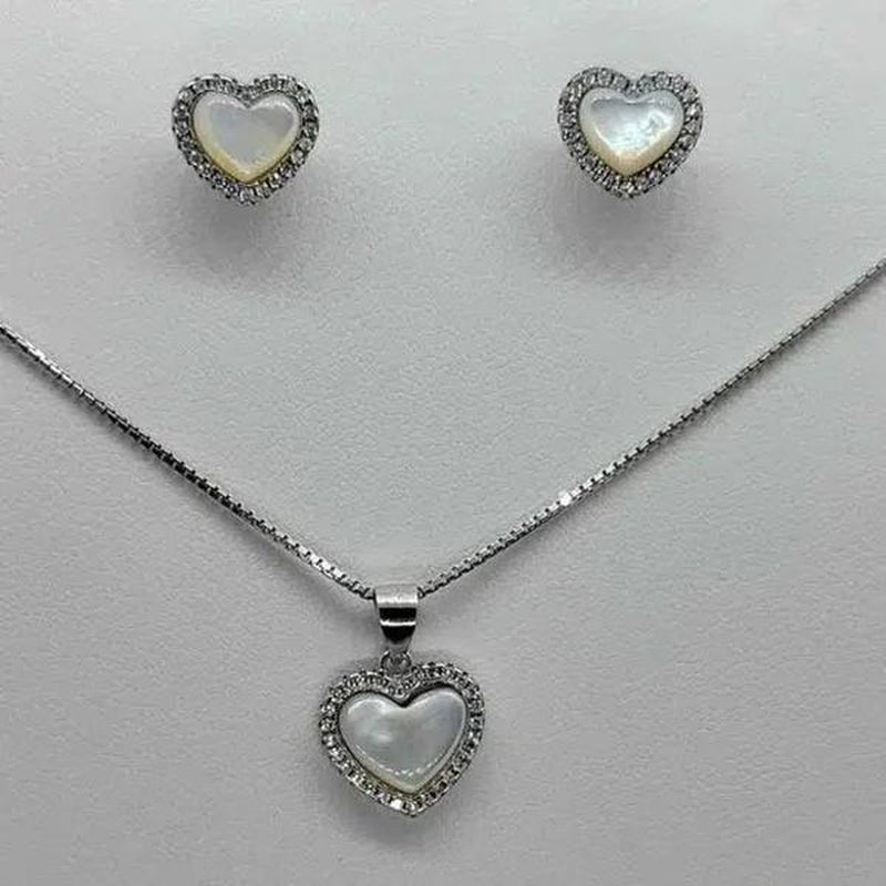 Brand New Sterling Silver 925 Heart White Opal W/ Cubic Zirconia Stones Earrings and Necklace Set