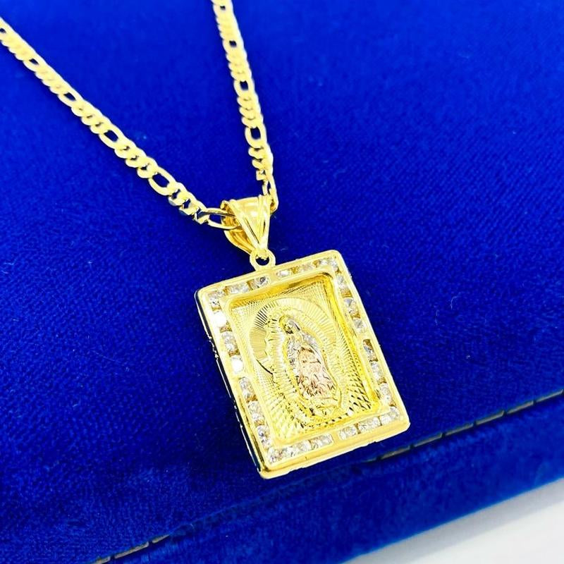 Square Guadalupe Necklace for Womens Mens Figaro Chain Female Male Anniversary Birthday Catholics Gifts for Her