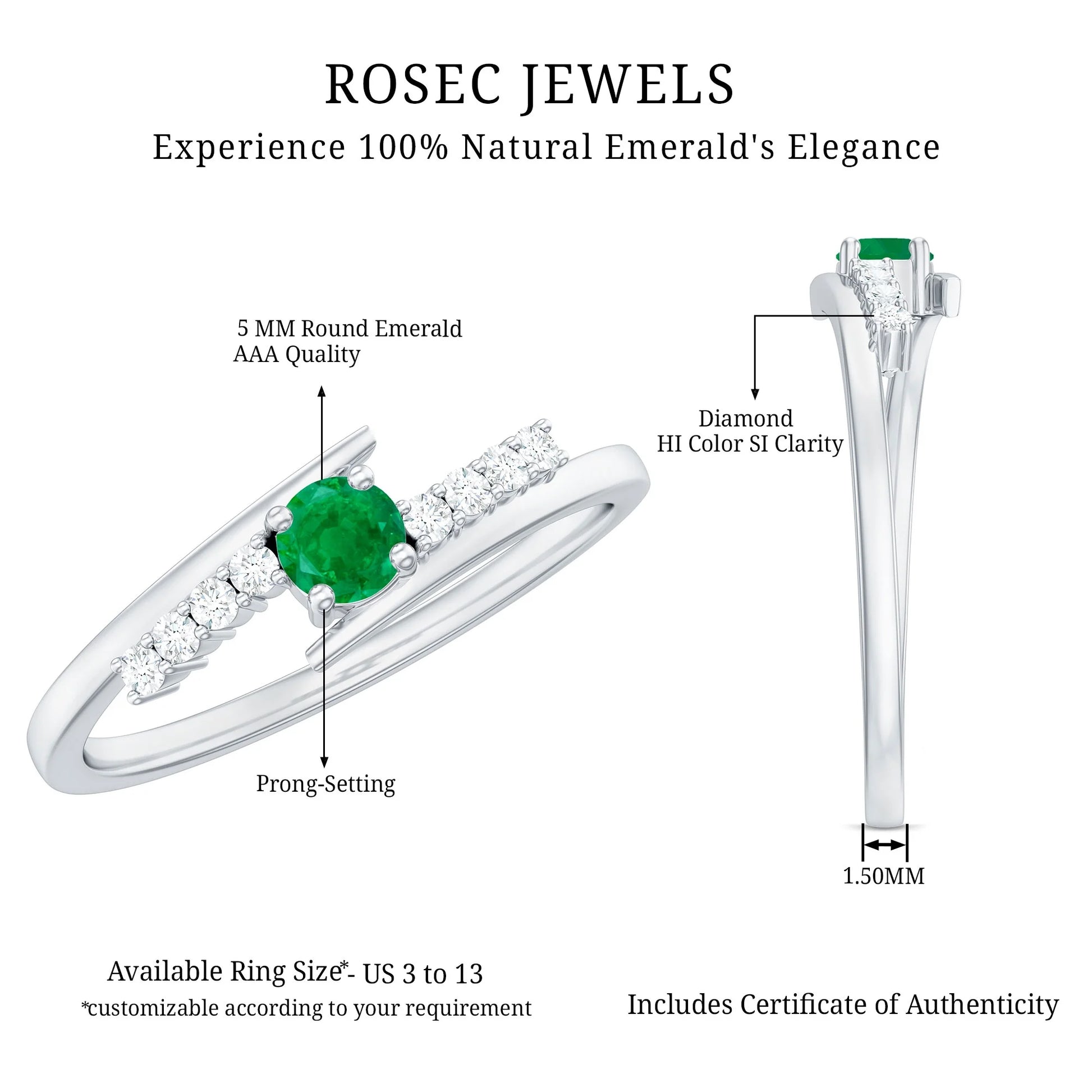 Minimal Emerald Bypass Promise Ring for Women, May Birthstone Ring (AAA Quality), 925 Sterling Silver, US 7.50