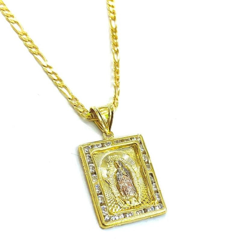 Square Guadalupe Necklace for Womens Mens Figaro Chain Female Male Anniversary Birthday Catholics Gifts for Her
