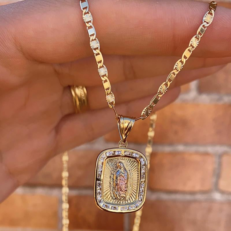 Square Guadalupe Necklace for Womens Mens Figaro Chain Female Male Anniversary Birthday Catholics Gifts for Her