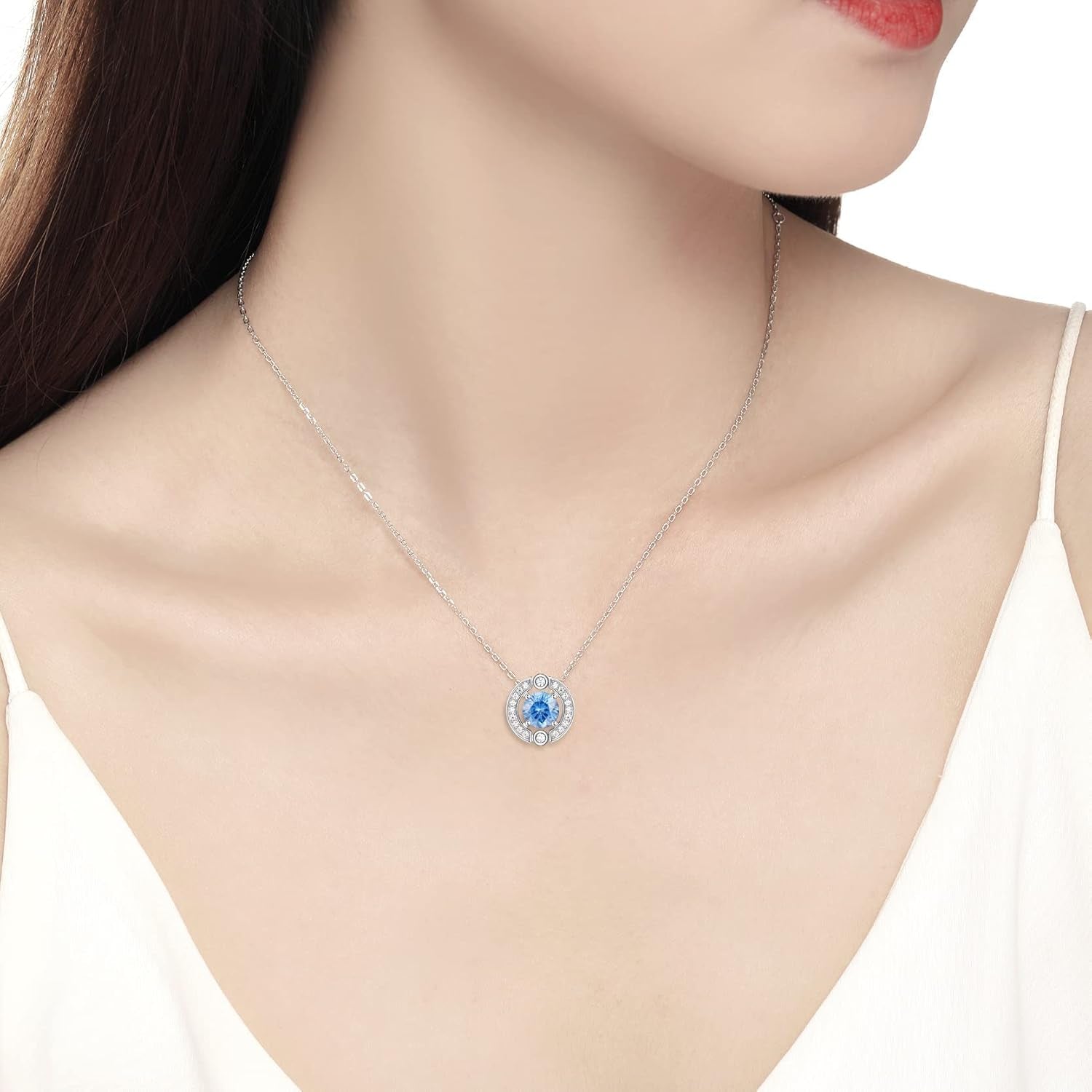 Sterling Silver Platinum Plated Birthstone Halo Necklace with Round Cut Cubic Zirconia Pendant - Elegant Jewelry Gift for Women and Teen Girls