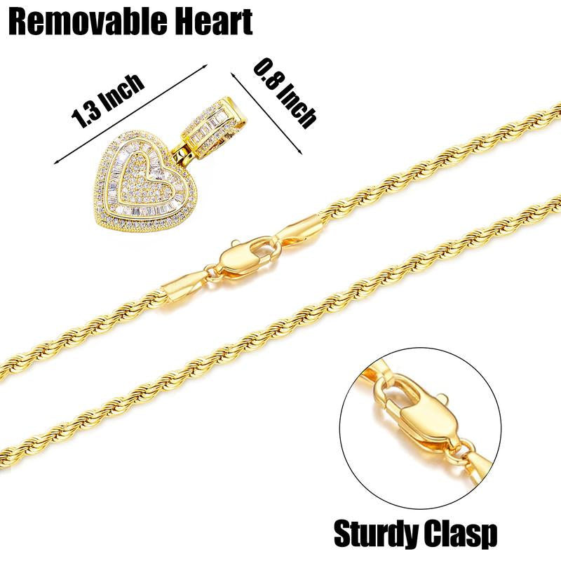 Peregrinax Hip Hop Heart Necklace for Women, Cubic Diamond Heart Pendant Necklace with 14K Gold Plated Heart Charm Chains Birthday Gifts for Women
