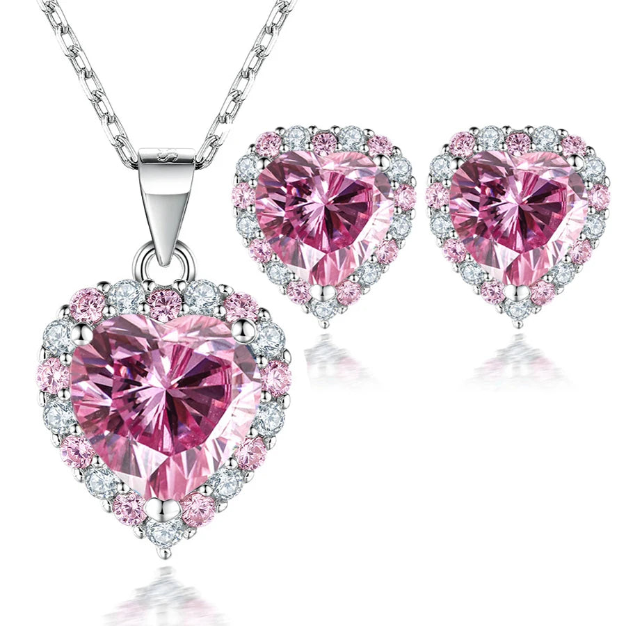 Pink Heart Moissanite Necklace Earring Set 2Ct GRA Certificate Passed Diamond Test Women Jewelry Gift S925 Silver