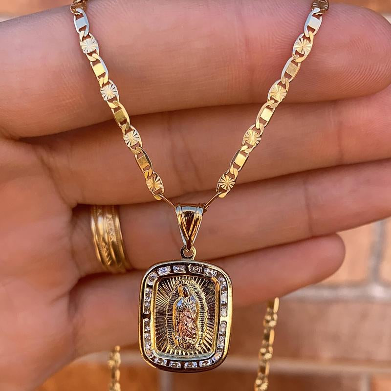 Square Guadalupe Necklace for Womens Mens Figaro Chain Female Male Anniversary Birthday Catholics Gifts for Her