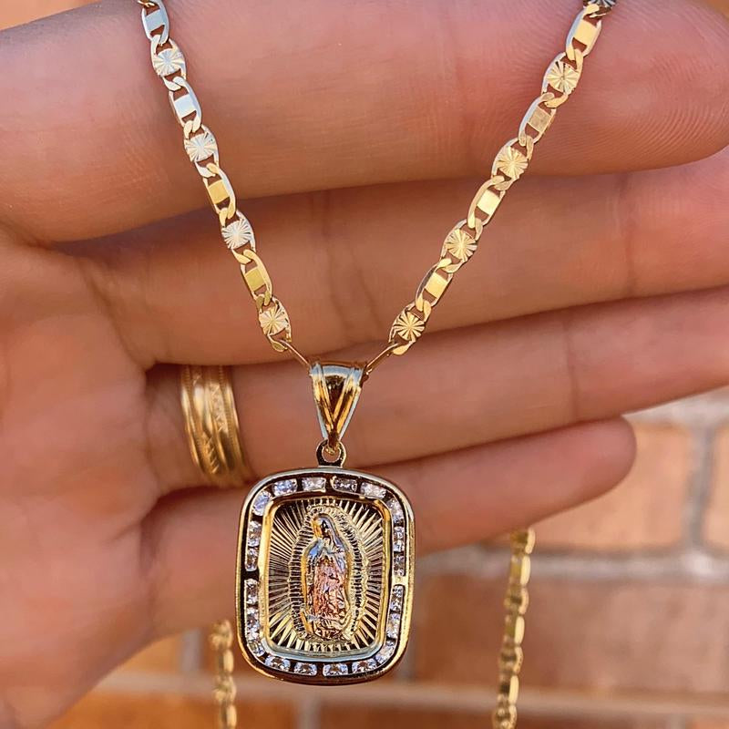 Square Guadalupe Necklace for Womens Mens Figaro Chain Female Male Anniversary Birthday Catholics Gifts for Her