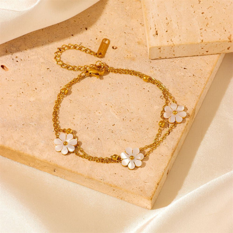 Stainless Steel Daisy Flower Jewelry Set – Double Layer Necklace & Earrings