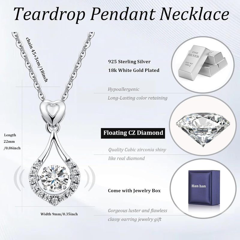 18K White Gold Plated 925 Sterling Silver Shaking CZ Diamond Pendant Necklace for Women with 5A+ Cubic Zirconia, Chain 18Inch
