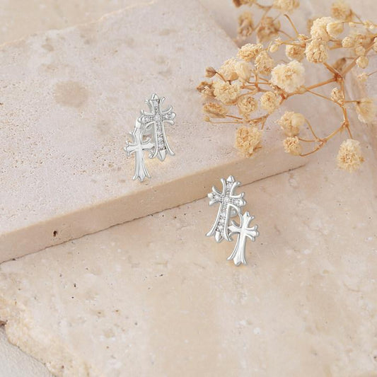 Pvoovi Gold Double Cross Stud Earrings for Women and Men 14K Gold Plated Small Pave CZ Dangling Hypoallergenic Lightweight Accessory with Zircon Decoration