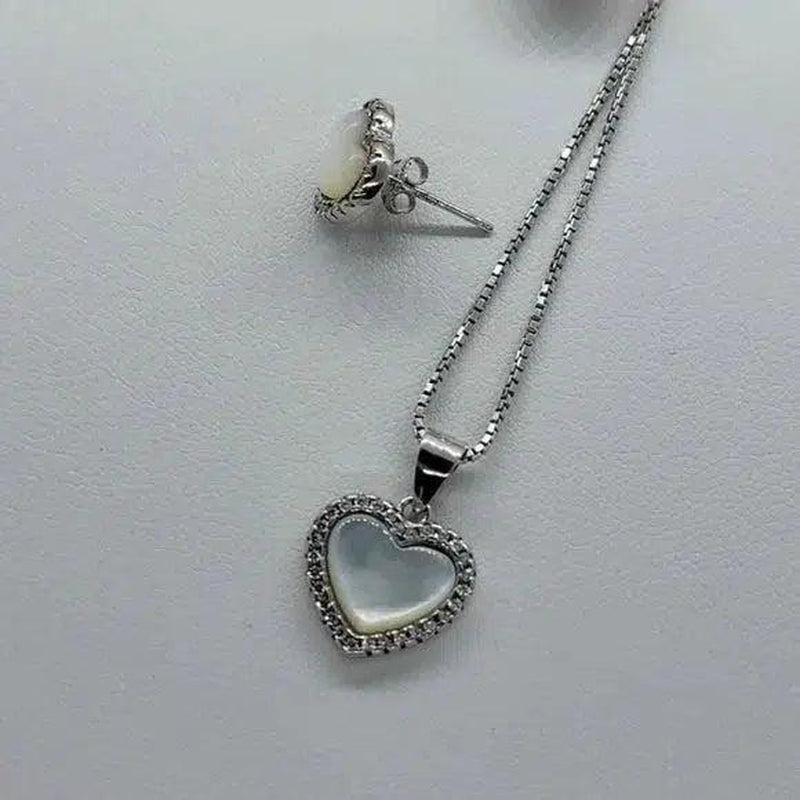 Brand New Sterling Silver 925 Heart White Opal W/ Cubic Zirconia Stones Earrings and Necklace Set
