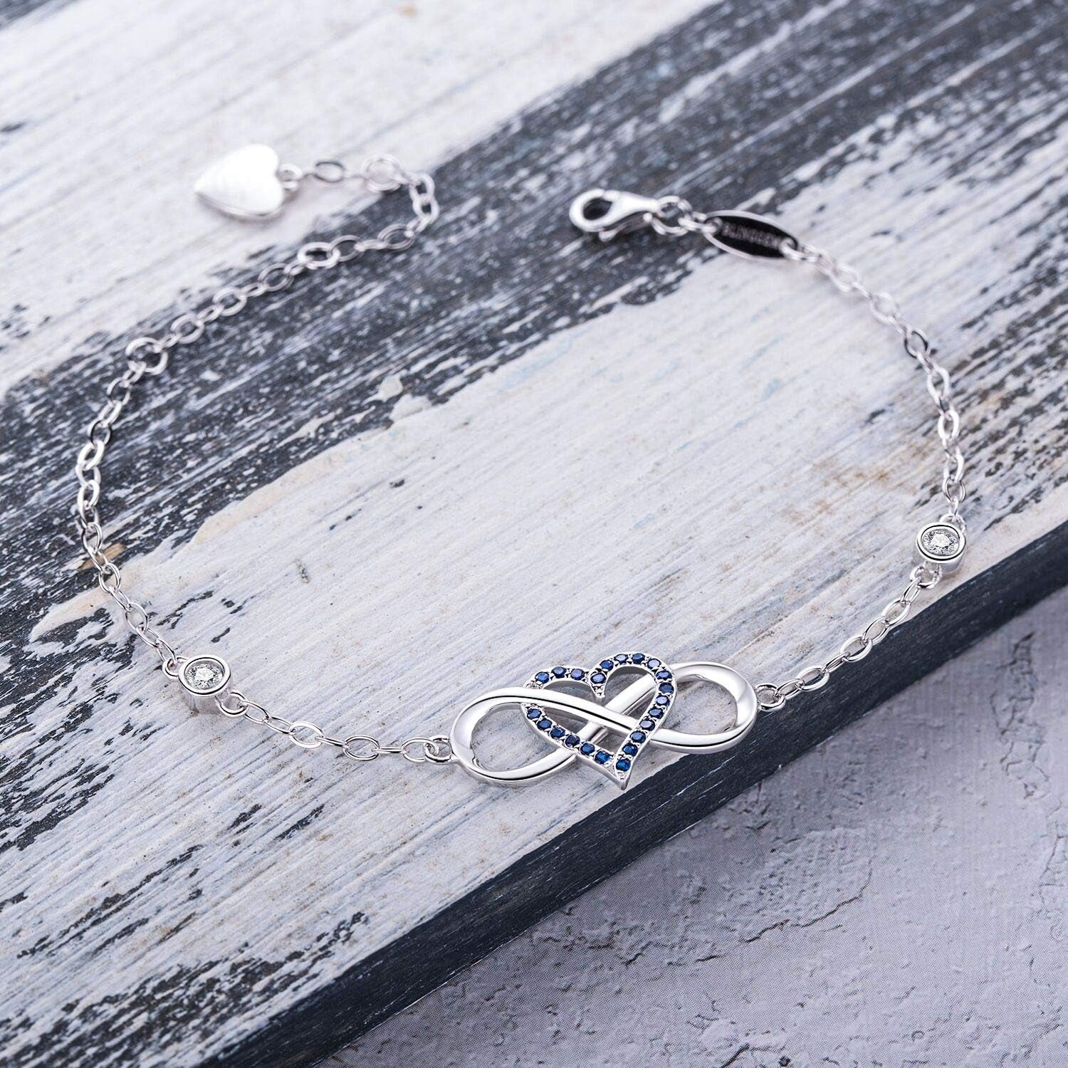 925 Sterling Silver Infinity Heart Charm Bracelet with Blue Gemstone and Pink Cubic Zirconia - Elegant Wedding Jewelry Gift for Women, Wives, and Mothers