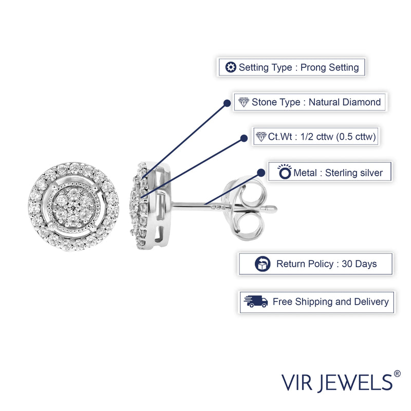 1/2 CTTW round Diamond Stud Earrings in .925 Sterling Silver with Rhodium Female Adult by Vir Jewels with prong setting